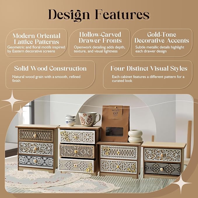 Set of 4 Decorative Solid Wood Drawer Organizers with Artisan Lattice Fronts — Vintage Eastern-Inspired Desktop Storage, Stackable Small Drawer Cabinets for Counters Countertops Cabinet Top