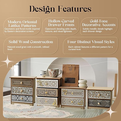 Set of 4 Decorative Solid Wood Drawer Organizers with Artisan Lattice Fronts — Vintage Eastern-Inspired Desktop Storage, Stackable Small Drawer Cabinets for Counters Countertops Cabinet Top
