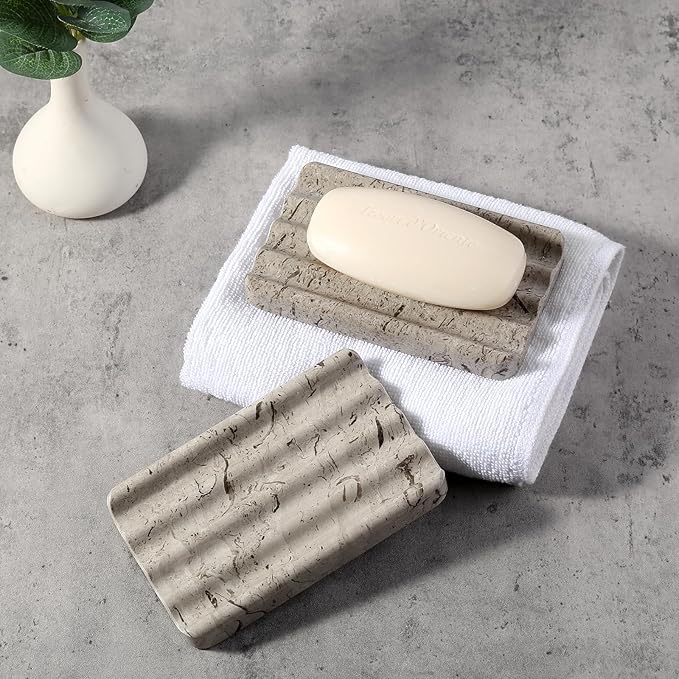 Koville Natural Grey Marble Soap Dish for Shower, Stone Soap Tray for Bathroom, Gray Bar Soap Holder for Sink, Stripe Grooves Soap Saver Stone Dish Keep Bars Dry Easy Clean