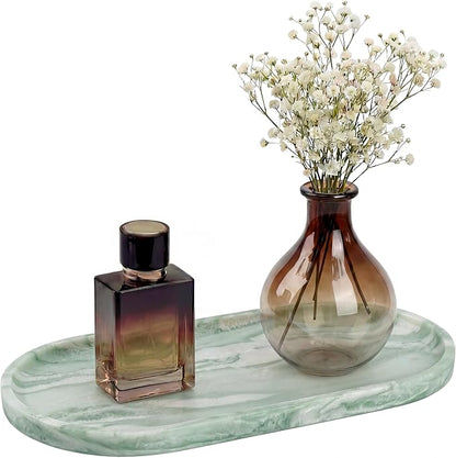YKAJO Oval Real Marble Tray for Bathroom Kitchen Counter Stone Decorative Vanity Tray for Dresser Perfume Heavy Catchall Organizer for Soap Jewelry (Botanical Green, 11.8" x 5.9")