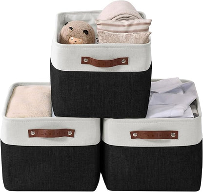 DECOMOMO Storage Bins, Large Fabric Storage Baskets for Shelves, Decorative Linen Closet Organizer, 15 x 11 x 9.5 inches (Black & White, 3 Pack)