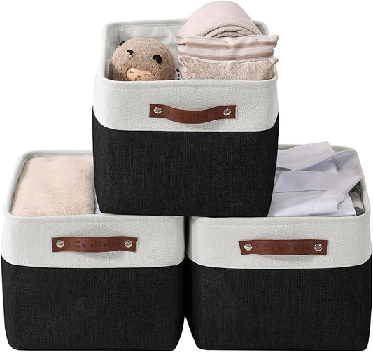 DECOMOMO Storage Bins, Large Fabric Storage Baskets for Shelves, Decorative Linen Closet Organizer, 15 x 11 x 9.5 inches (Black & White, 3 Pack)