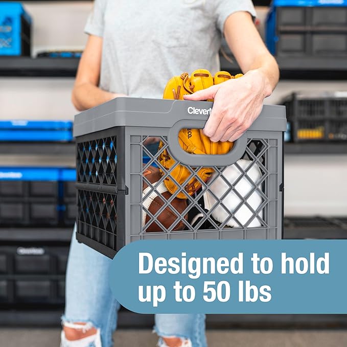 CleverMade Collapsible Milk Crate 25L (6.6 Gal) 3 Pack, 50 lb Capacity Heavy Duty Folding Crate – Stackable Storage Crates with File Rails, Plastic Collapsible Crates - Obsidian