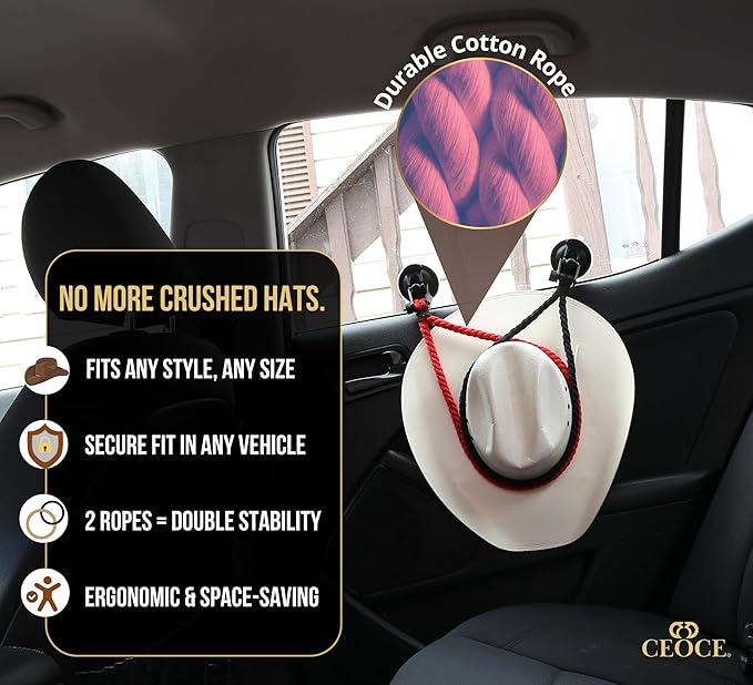 Car Cowboy Hat Holder for Truck – Easy-to-Use, Cotton Rope, Strong Suction Car Hat Holder Cowboy, Western Style – Keeps Gear Safe from Damage. (4-Pack)