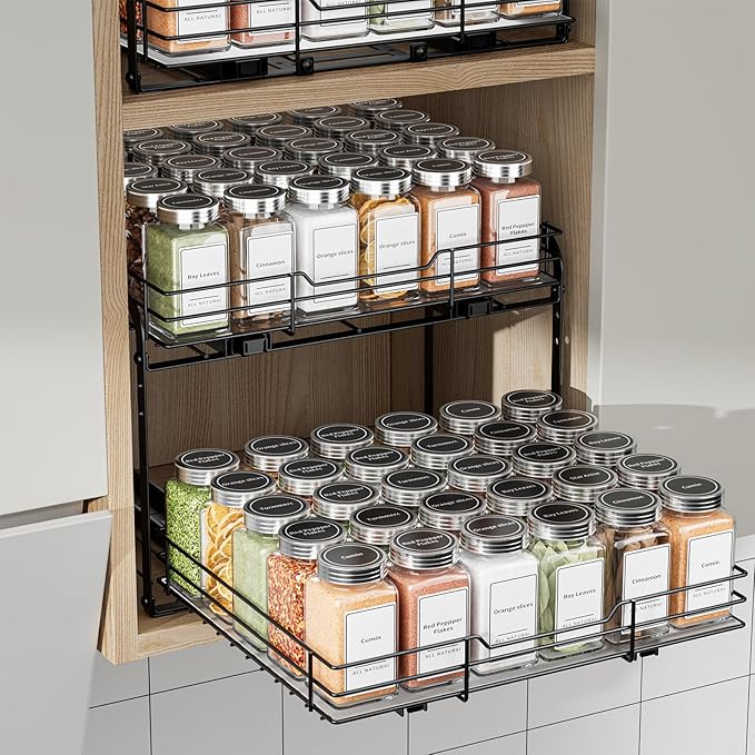 BOIVSHI 2-Tier Pull Out Spice Rack, Spice Rack Organizer, Pull Out Spice Racks for Inside Cabinets, Height Adjustable Heavy Duty Metal Basket for Inside Cabinet & Pantry (13.5''Wx10.5''Dx9.5''H)