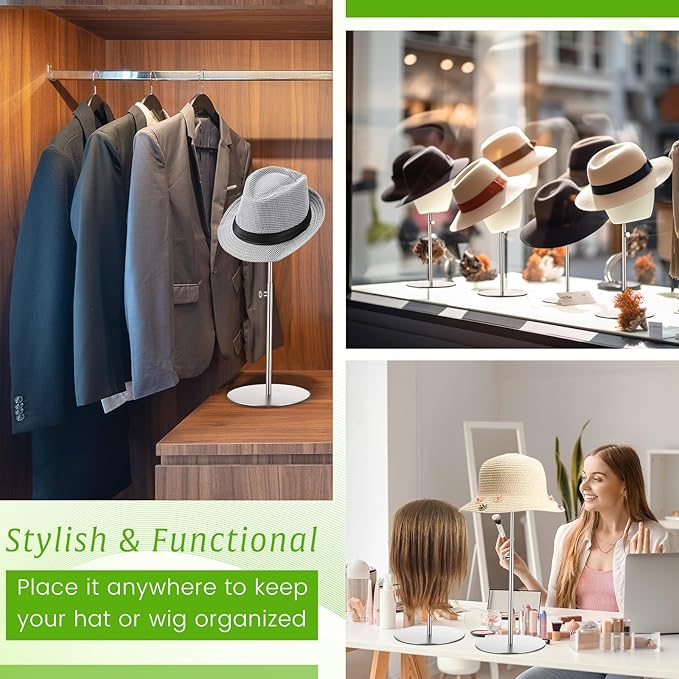 Sintuff 4 Pcs Hat Display Stand:adjustable 7.9-15.7inch Wigs Head Holder Stand Non Slip Stainless Steel Metal Rack for Multiple Hats Wig Storage Styling Practice(Silver,Round Base)