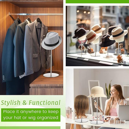 Sintuff 4 Pcs Hat Display Stand:adjustable 7.9-15.7inch Wigs Head Holder Stand Non Slip Stainless Steel Metal Rack for Multiple Hats Wig Storage Styling Practice(Silver,Round Base)
