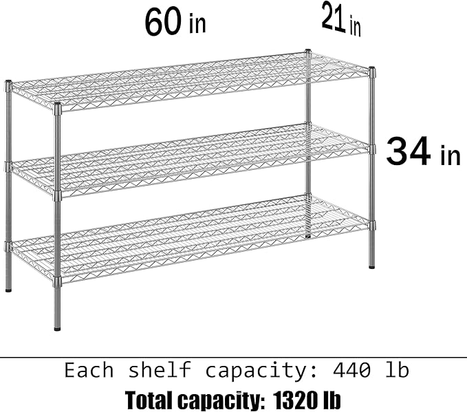 21" Deep x 60" Wide x 34" Height Wire Shelving Kit | 3-Tier | NSF Commercial Storage Rack Unit