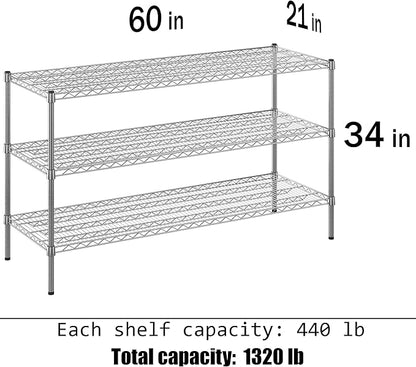 21" Deep x 60" Wide x 34" Height Wire Shelving Kit | 3-Tier | NSF Commercial Storage Rack Unit