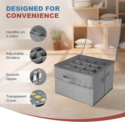 Under Bed Shoe Storage Organizer 16 Compartment, Foldable Shoe Organizer Under Bed with Clear PVC Lid, Shoe Storage Box with Zipper & Handle for Closet Bedroom, Grey, Pack of 2