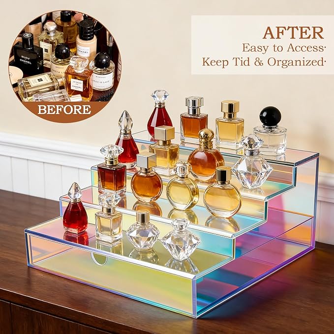 Cologne Organizer for Men with Drawer Acrylic Cologne Stand for Men 4-Tier Cologne Display Shelf Cosmetic Display Case, Iridescent