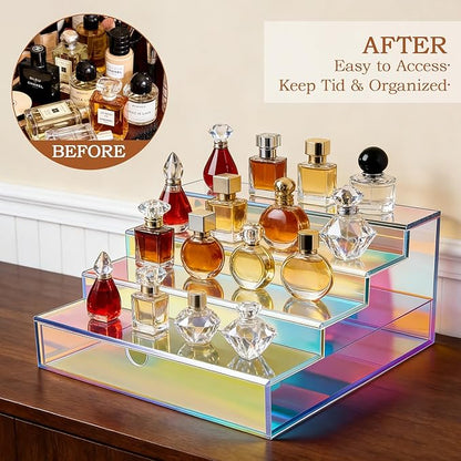 Cologne Organizer for Men with Drawer Acrylic Cologne Stand for Men 4-Tier Cologne Display Shelf Cosmetic Display Case, Iridescent