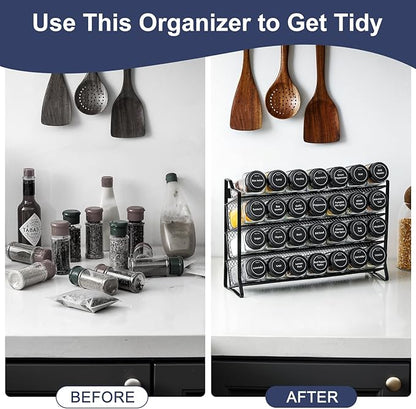 AOZITA Spice Rack Organizer for Cabinet, Spice Organizer with 28 Empty Spice Jars with Black Lids, Funnel, Spice Labels, Seasoning Organizer for Countertop, Cabinet, Kitchen, Pantry, Cupboard