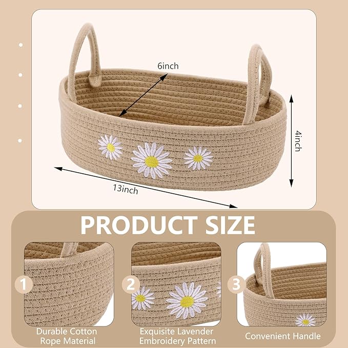 Vesici Daisy Toilet Paper Basket Boho Woven Cotton Rope Bathroom Countertop Organizer with Handle Beige Bathroom Storage Decor for Toilet Closet Bedroom Nursery Toys Organizing, 13 x 6 x 4 Inch