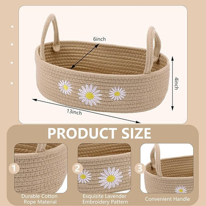Vesici Daisy Toilet Paper Basket Boho Woven Cotton Rope Bathroom Countertop Organizer with Handle Beige Bathroom Storage Decor for Toilet Closet Bedroom Nursery Toys Organizing, 13 x 6 x 4 Inch