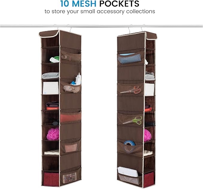 ZOBER Hanging Shoe Organizer for Closet, 10 Shelves - Hanging Shoe Rack W/Side Pockets - Narrow, Space Saving, Durable