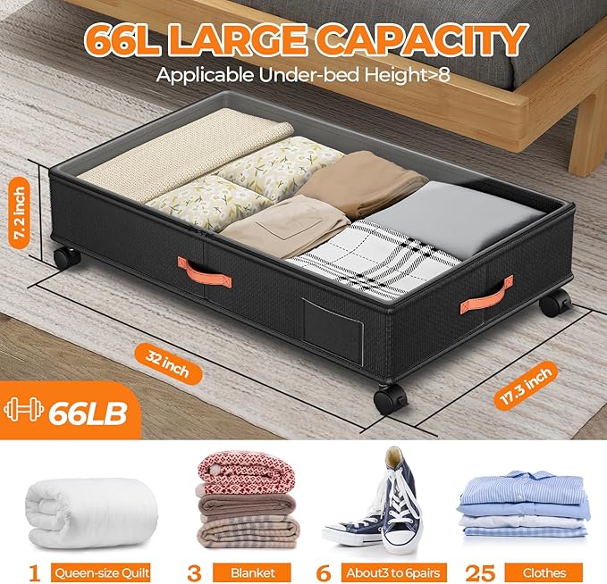 Under Bed Storage with Wheels,2-Pack Under Bed Storage Containers with Clear Lids,XXL Large Under the Bed Storage Organizer Bins With Handles,Space Saving Design for Clothes,Shoes,Books-Black