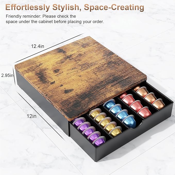 Coffee Pods Drawer Organizer Compatible with Nespresso Vertuo Pods Holds Up to 60 Small or 40 Large (Brown)