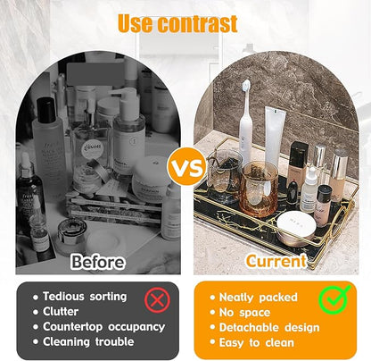 Vanity Tray Luxury Bathroom Counter Tray Glass Perfume Organizer Holder Cosmetics Makeup Skincare Display Decorative Vanity Trays for Bathroom Dresser Bedroom (Black Gold, L)