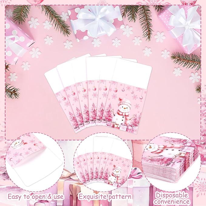 50pcs Winter Christmas Utensil Holder Pockets Pink Flatware Tableware Holder Bags Disposable Knifes Forks Silverware Bags for Christmas Party Table Decor Supplies