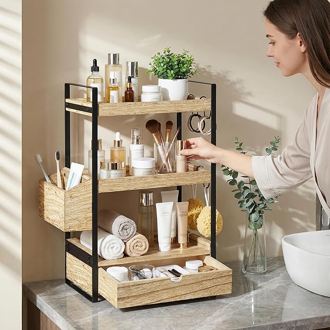 3-Tier Bathroom Counter Organizer with Drawer Basket and Hooks, Wood Bathroom Organizers and Storage for Countertop, Farmhouse Brown Countertop Organizer, Counter Shelf for Vanity, Kitchen,Office