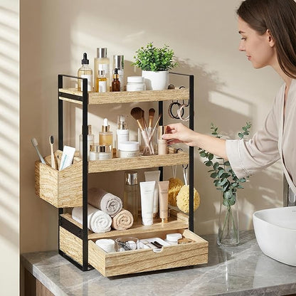 3-Tier Bathroom Counter Organizer with Drawer Basket and Hooks, Wood Bathroom Organizers and Storage for Countertop, Farmhouse Brown Countertop Organizer, Counter Shelf for Vanity, Kitchen,Office