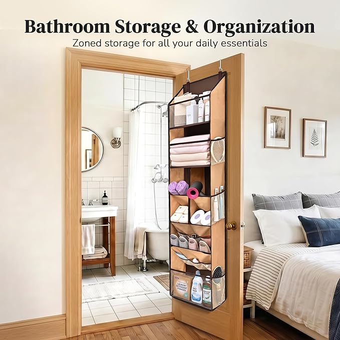 6-in-1 Over Door Hanging Organizer, Versatile Storage Over Door Organizer with 12 Mesh Pockets, 44 lbs Weight Capacity Hanging Storage Organizer for Bedroom, Bathroom,Behind Door,Brown