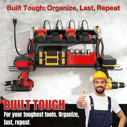 Garage Tool Organizer with Charging Station & Power Strip - 4 Drill Holder Wall Mount Rack, Heavy Duty Metal Shelf for Workshop Organization