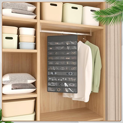 Hanging Jewelry Organizer Storage Roll, Double-Sided Necklaces Holder, 42 Pockets Plus 36 hooks Earrings Organizer Hang in Closet, On Wall, or Doors, Dark Gray