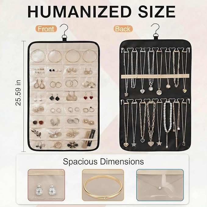 Hanging Jewelry Organizer, Dual-Sided Necklace Holder with Multiple Clear Pockets - Wall Mount & Over The Door Closet Storage for Earrings, Rings, Bracelets - 360° Rotating Hanger (1, Black, M)