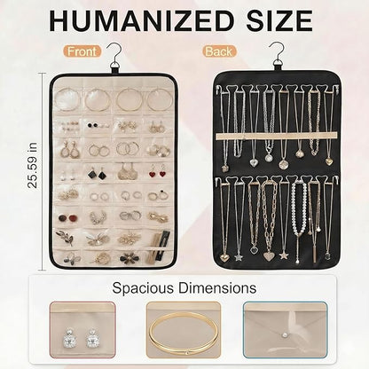 Hanging Jewelry Organizer, Dual-Sided Necklace Holder with Multiple Clear Pockets - Wall Mount & Over The Door Closet Storage for Earrings, Rings, Bracelets - 360° Rotating Hanger (1, Black, M)