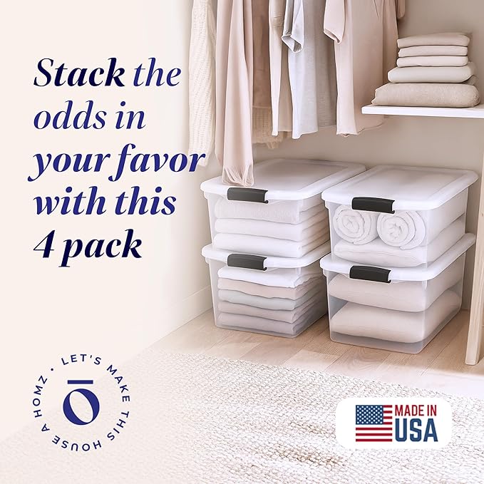HOMZ 4-Pack Secure Latch, Clear Plastic Storage Organizer Bins, 66 Quart, Gray Latches - Stackable Container Boxes for Bedroom, Bathroom, Garage, and Office Organization