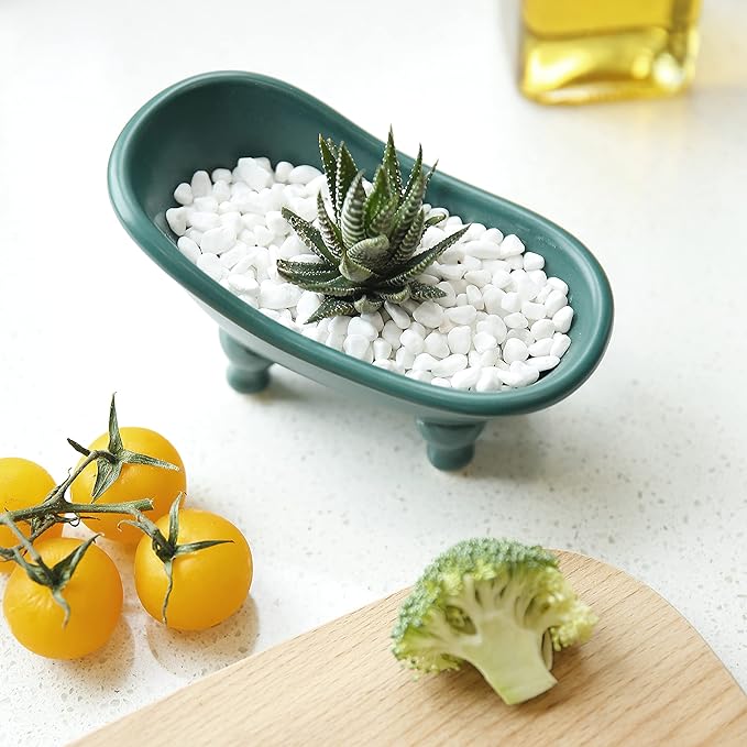 1 Piece 5.6" Colorful Ceramic Mini Clawfoot Bathtub Soap Dish Decortative Soap Dish Small Planter Makeup Organizer Container Hamster Bathtub(Blue)