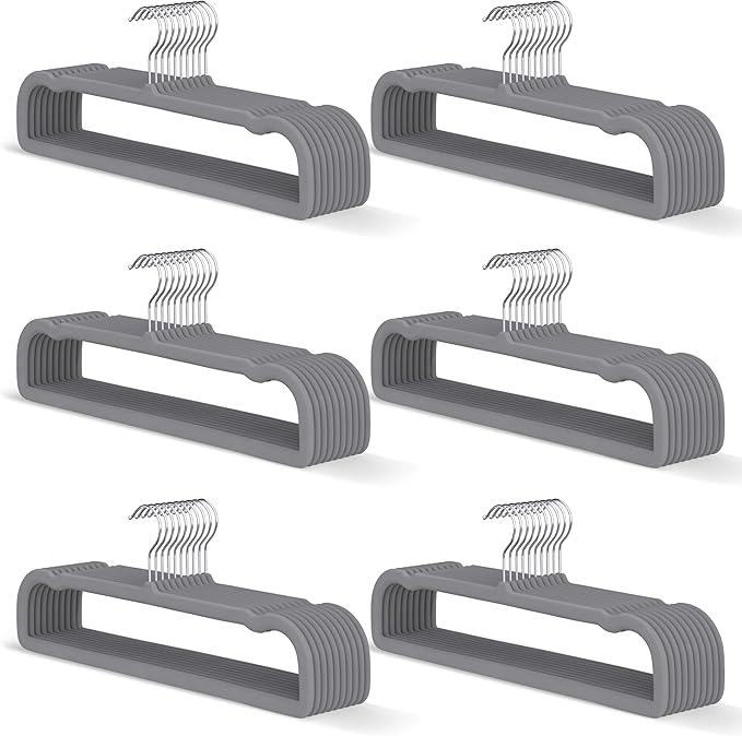 Gray Velvet Hangers 60 Pack, Slim Space Saving Pants Hangers for Closet Organizer, Rotating Hook, Non Slip Clothes Felt Hanger Heavy Duty for Tank Top, Jean Perchas, Camisole, Kids' Clothes