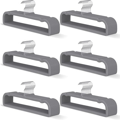 Gray Velvet Hangers 60 Pack, Slim Space Saving Pants Hangers for Closet Organizer, Rotating Hook, Non Slip Clothes Felt Hanger Heavy Duty for Tank Top, Jean Perchas, Camisole, Kids' Clothes