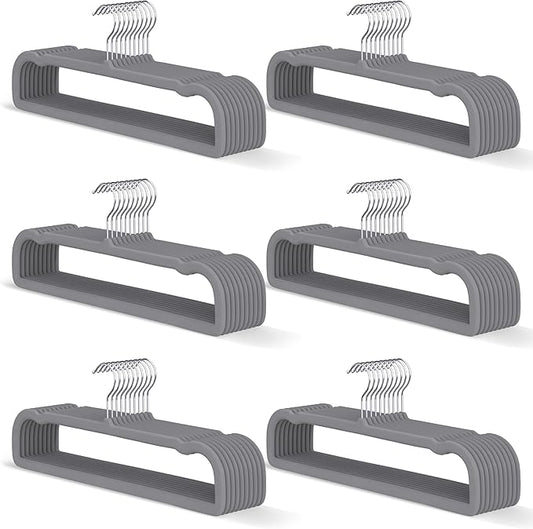 Gray Velvet Hangers 60 Pack, Slim Space Saving Pants Hangers for Closet Organizer, Rotating Hook, Non Slip Clothes Felt Hanger Heavy Duty for Tank Top, Jean Perchas, Camisole, Kids' Clothes
