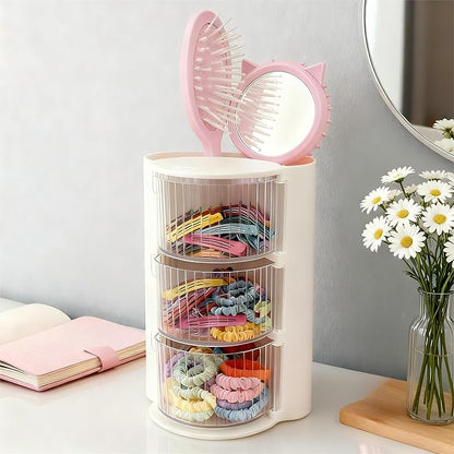 Hair Accessories Organizer with Hair Brush Holder, Rotatable Makeup Brush Holder for Necklaces, Earring, Bracelet, Ring, Makeup Brushes, Hair Clip and Hair Accessories (Stripe White, 3-Layer)