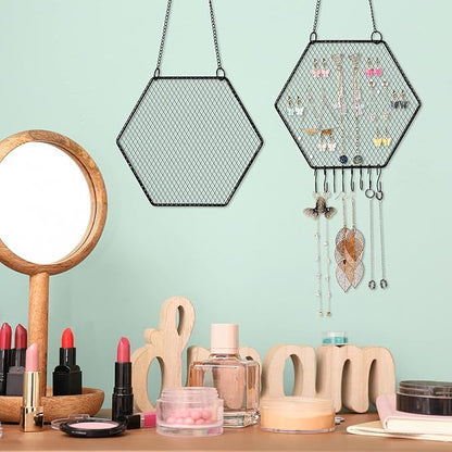 Jetec 2 Pcs Earring Wall Holder Wall Mounted Earring Organizer Hanging Jewelry Stand Decorative Diamond Grid Shape Display Rack with Hooks for Earrings Necklace Bracelet(Black)