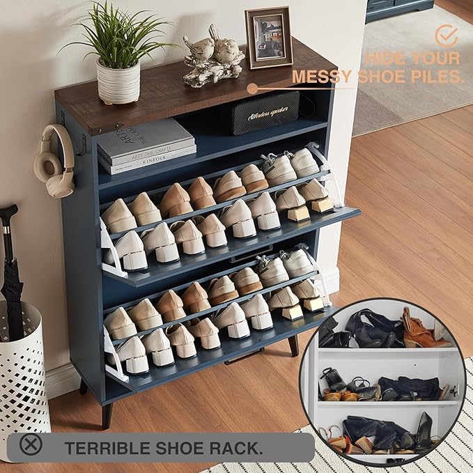 Barnyatoh Shoe Storage Cabinet,Farmhouse Shoe Organizer with 2 Flip Drawers & Barn Door Design,Freestanding Hidden Slim Narrow Shoe Rack Cabinet with Open Storage for Entryway, Foyer,Hallway,Navy Blue