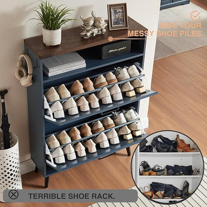 Barnyatoh Shoe Storage Cabinet,Farmhouse Shoe Organizer with 2 Flip Drawers & Barn Door Design,Freestanding Hidden Slim Narrow Shoe Rack Cabinet with Open Storage for Entryway, Foyer,Hallway,Navy Blue