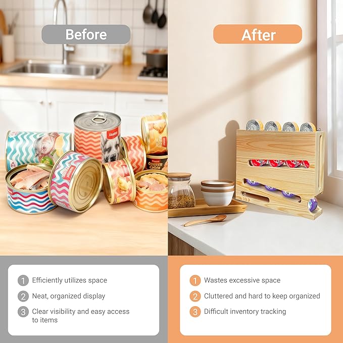 Wood Cat Food Can Organizer, 3-Tier Stackable FIFO Pantry Organizer, Holds 21(3oz) Cans, Upgraded Wall-Mounted Pet Food Can Container for Kitchen Cabinet & Countertop（No Installation Required）