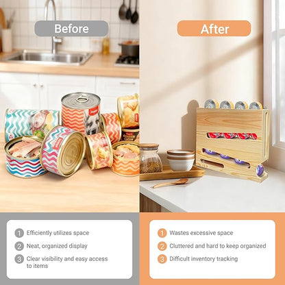 Wood Cat Food Can Organizer, 3-Tier Stackable FIFO Pantry Organizer, Holds 21(3oz) Cans, Upgraded Wall-Mounted Pet Food Can Container for Kitchen Cabinet & Countertop（No Installation Required）