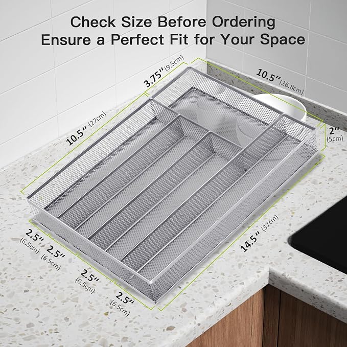 Neudeco Silverware Drawer Organizer - 5 Compartment Cutlery Tray with Non-Slip Feet, Mesh Wire Flatware Storage Divider for Kitchen, Bedroom, Living Room (Silver)