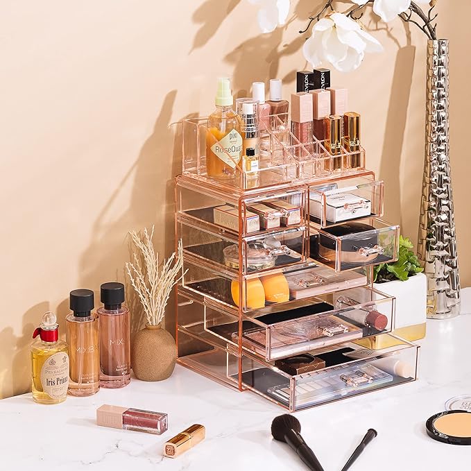Sorbus Acrylic Makeup Organizer Set, 7-Drawer Vanity & Countertop Cosmetic Storage with Small & Wide Compartments, Pink Makeup Storage for Brushes, Jewelry – Holiday Gift for Women & Teens