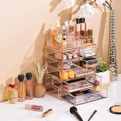 Sorbus Acrylic Makeup Organizer Set, 7-Drawer Vanity & Countertop Cosmetic Storage with Small & Wide Compartments, Pink Makeup Storage for Brushes, Jewelry – Holiday Gift for Women & Teens