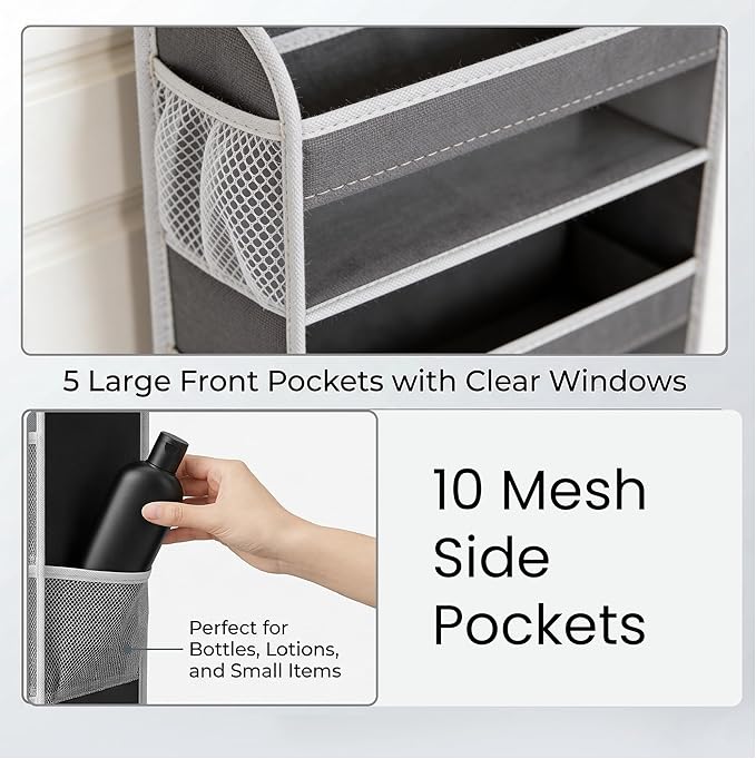 Over the Door Organizer with Toiletry Bag - 5 Self Hanging Organizer with 5 Large Pockets - Heavy Duty Behind the Door Storage for Bedroom, Bathroom, Pantry, Nursery (Grey)