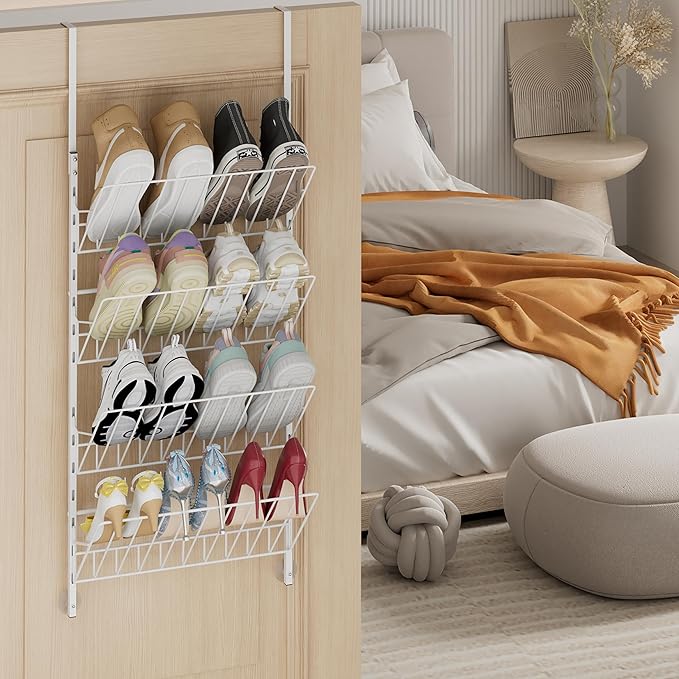 SWTYMIKI Over the Door Shoe Organizer - Adjustable 4 Tier Hanging Shoe Rack Organizer, Metal Heavy Duty Behind Door Storage or Wall Mount Shoes Shelf for Flats, Heels, Sneakers, Boots