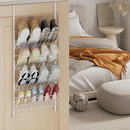SWTYMIKI Over the Door Shoe Organizer - Adjustable 4 Tier Hanging Shoe Rack Organizer, Metal Heavy Duty Behind Door Storage or Wall Mount Shoes Shelf for Flats, Heels, Sneakers, Boots