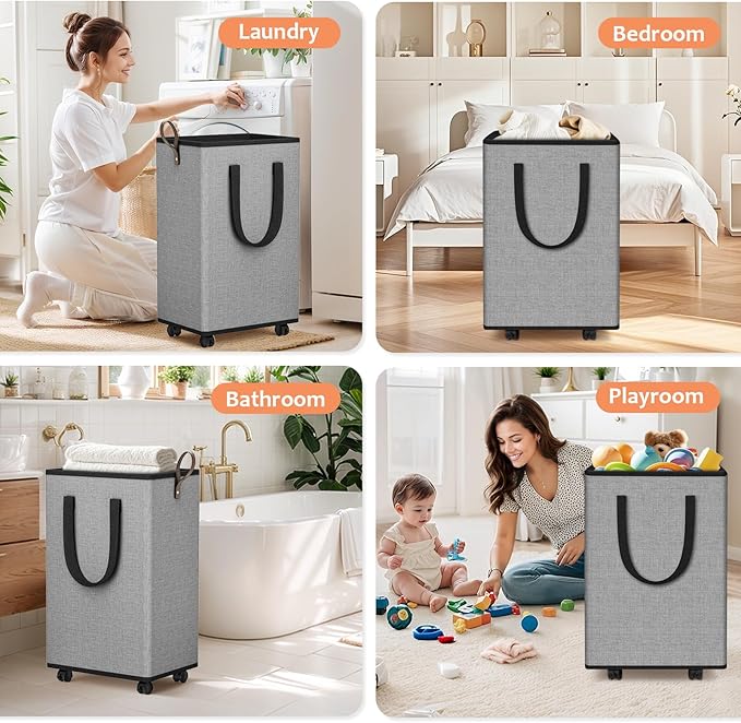 SpaceTrove Laundry Basket with Wheels, Collapsible Laundry Baskets, Laundry Hamper with Handles Detachable Wheels, Rolling Laundry Basket, Dirty Clothes Hamper for Bathroom, Dorm, Bedroom, Grey, 80L
