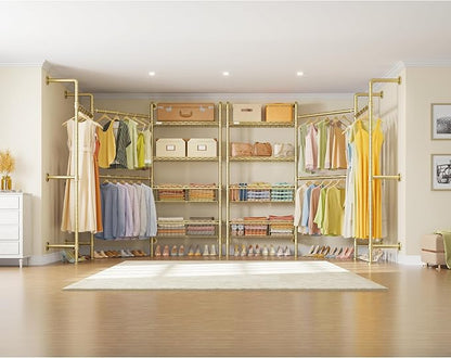 Timate X3 Expandable Heavy Duty Clothes Rack Wall Mounted Clothing Rack for Hanging Clothes, Industrial Pipe Closet System for Walk in Closet Kit, Wall Mount Clothes Rack with Basket, Gold Wall Closet